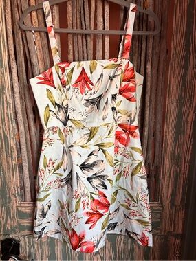 French Connection Floral Mini Sundress in Cream with Red & Green Print